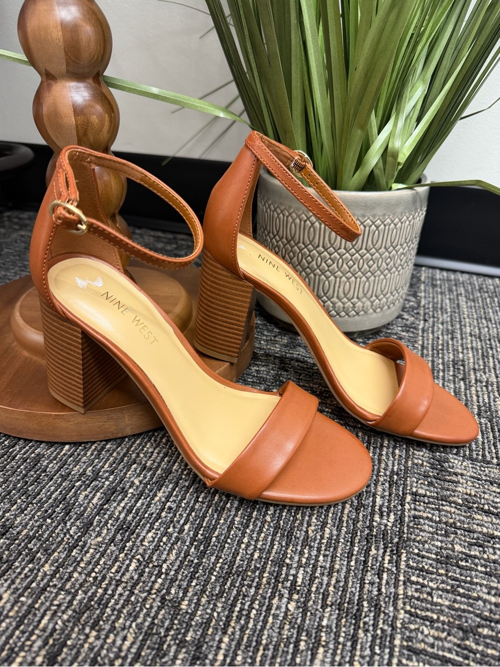 Nine West Tan Leather Ankle-Strap Block Heel Sandals